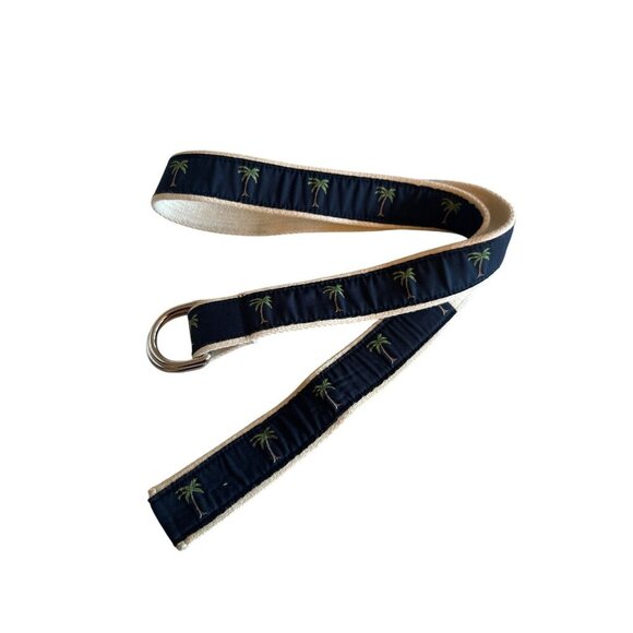 J.Crew L/XL Navy & White Palm Tree Embroidered Canvas D-Ring Belt - Picture 1 of 4